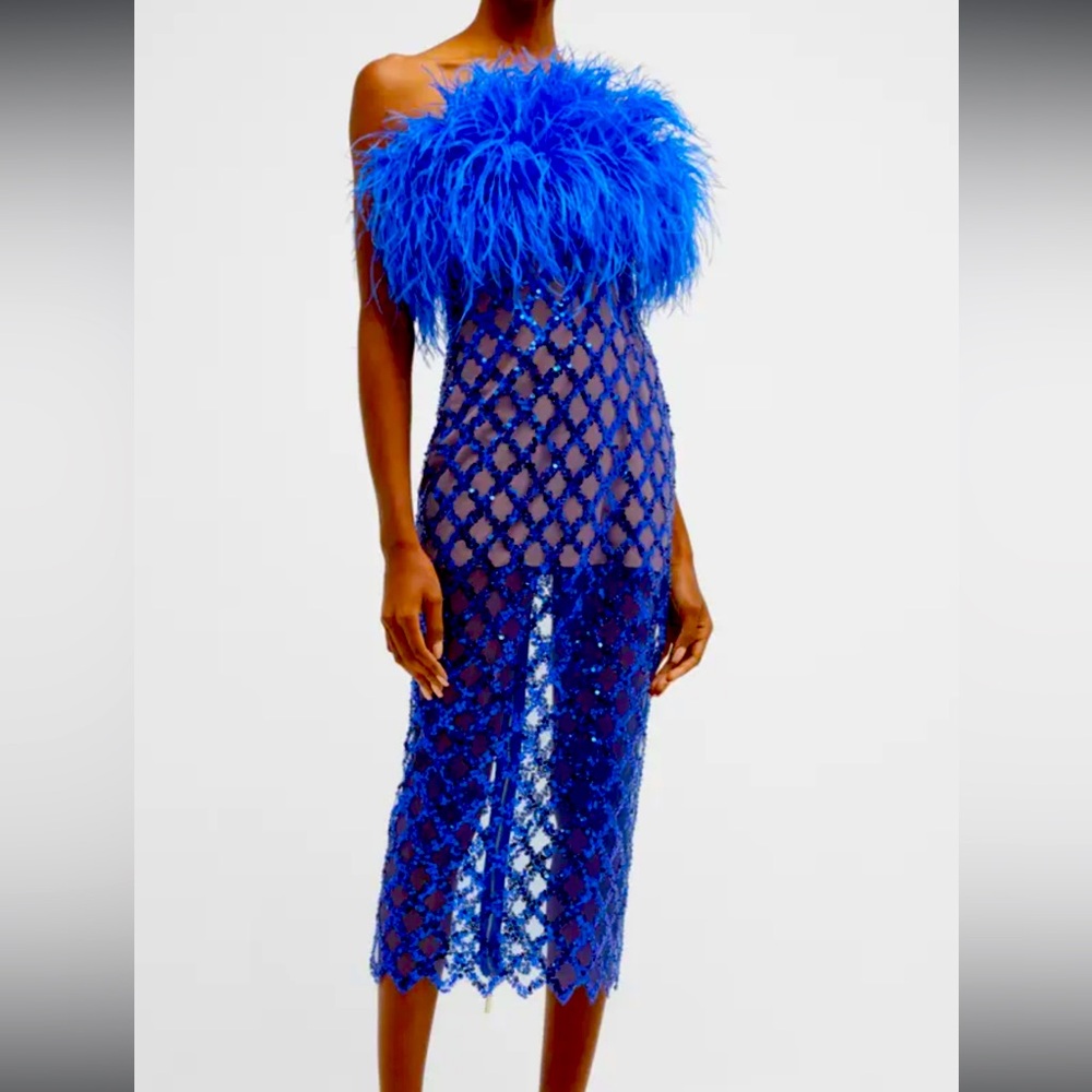 Bronx & Banco Cobalt Blue Coco x Afiya Sequin Sheath Midi Feather Dress Sz S